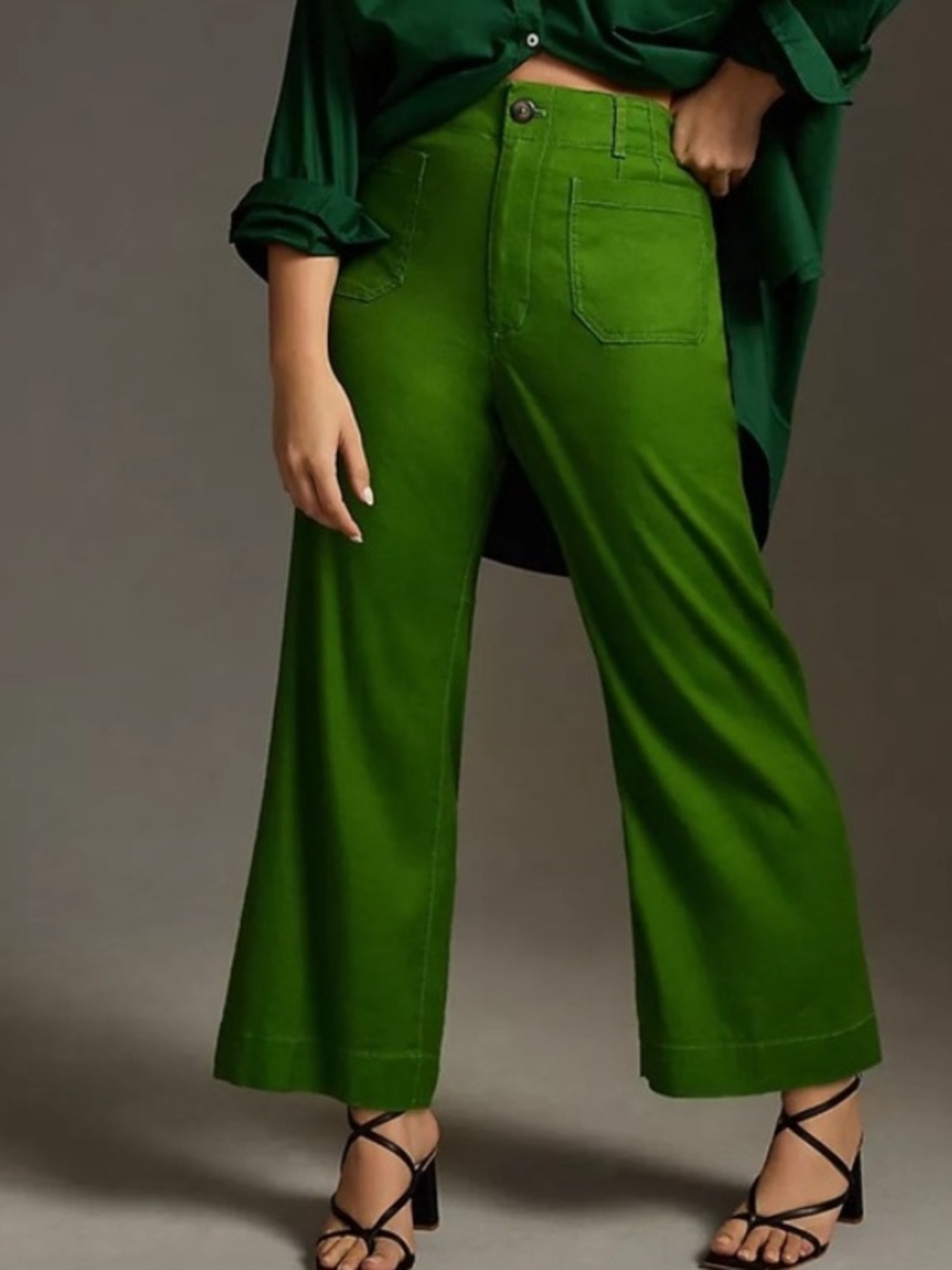 Anthropologie The Colette Dark Green Linen Blend Cropped Wide Leg Pants Sz 28